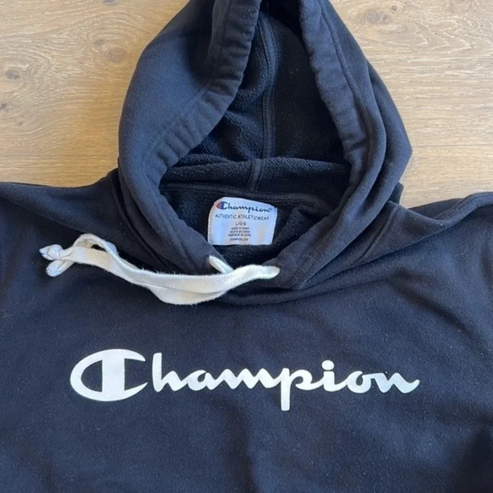 Champion Sweatshirt Logo Large Black White Hoodie Cozy Soft Oversized Mens Shirt - Picture 2 of 8
